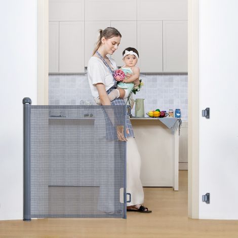 Barrera de seguridad para niños extensible Barrera de escalera de cierre fácil H.84 x W.140 cm máx. gris (1/4)