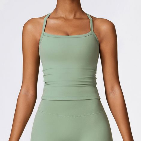 Débardeur de sport femme dos nu, sans manches, col rond, séchage rapide, coupe extensible, vert taille M (1/3)