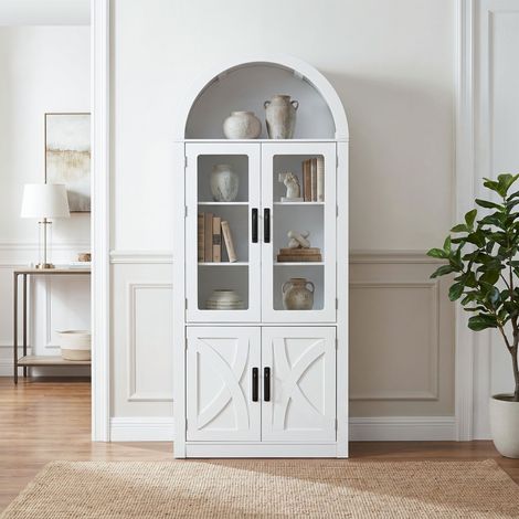 Parrot Uncle Display Cabinet with Storage, 177cm Tall Farmhouse Cabinet with Glass Doors, Arched White Storage Cabinet for Living Room (1/5)