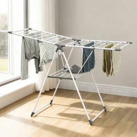 Tendedero plegable para ropa, tendedero de interior con brazos metálicos articulados y ajustables, 156,5 x 61,5 x 97 cm, blanco