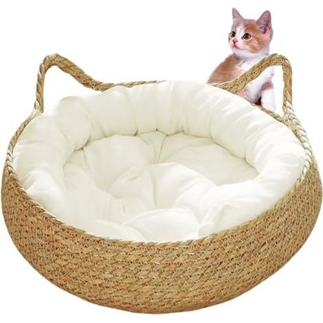 Lit de panier de chat, lit de chat tissé de 17 pouces avec coussin doux, lit de chaton en forme d'oreille de chat, panier de chat en osier rond confortable pour petits chats moyens ani (1/5)