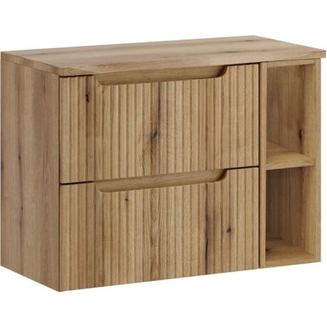 Ensemble VANO Eichenholz hell 80cm: Unterschrank mit Schubladen und sichtbaren Fächern + Waschtischplatte + Hochschrank