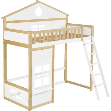 Lit superposé enfant avec escalier bois massif+MDF blanc/naturel 90x200 cm, style maison avec toit et fenêtres (1/5)
