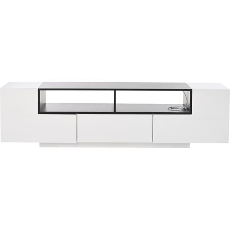 Meuble TV blanc brillant 180 x 40 x 48 cm LED, tiroir et niches, pour TV 75 pouces (1/5)