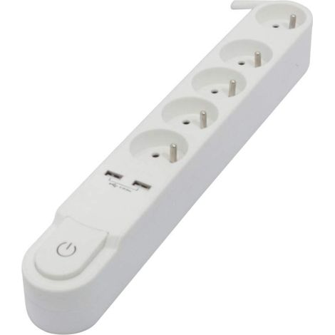 Bloc Multiprise 5 Prises avec Interrupteur Design + 2X USB, Bloc 5 Prises Blanc - 3m (1/5)