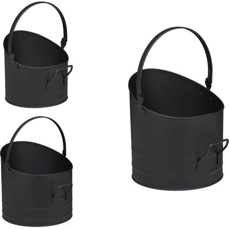 Lot de 3 seaux à pellets et charbon pratiques design moderne 49 x 30 x 30 cm en acier noir (1/4)