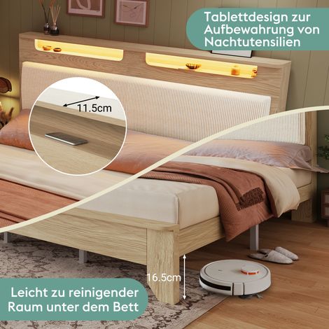 Lit double en bois 160×200cm avec banquette de lit, tête de lit avec espace de rangement, éclairage LED et dossier rembourré en velours côtelé beige, comprenant une banquette de lit avec espace de ran (1/5)
