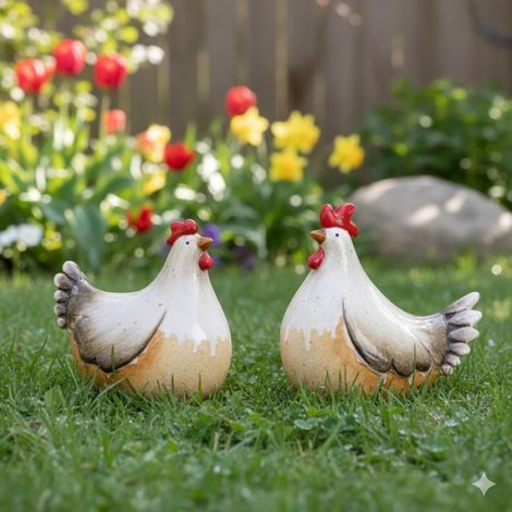 Deux décoration de jardin coq & poule en céramique (1/3)