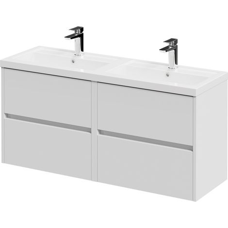 Montego Satin White 1200mm Wall Mounted 4 Drawer Vanity Unit with Lucia Double Basin
