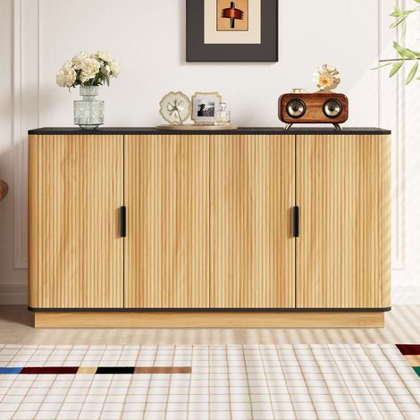 Buffet, 139x40x75 cm, buffet à 4 portes, nervures verticales, aspect bois, meuble de rangement pour salon, entrée, salle à manger, couleur naturel