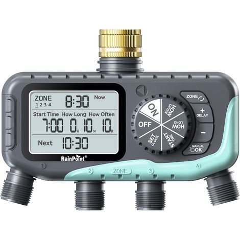 Minuteur d'arrosage à 4 zones, entrée en laiton, étanchéité IP65, tuyau d'arrosage automatique programmable avec retard de pluie/contrôle manuel, pour arrosage de pelouse de jardin (1/5)