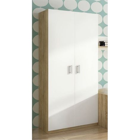 Pegane – Armoire penderie 2 portes chêne cambrian/blanc – Dimensions 90x50x199,4 cm – Panneaux de particules mélaminés – 1 étagère, 1 rail de suspension
