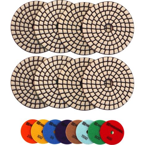 Lot de 8 disques de polissage diamant secs pour meuleuse de sol ou polisseuse en granit, pierre, marbre - Diamètre: 100 mm (30-3000) (1/5)