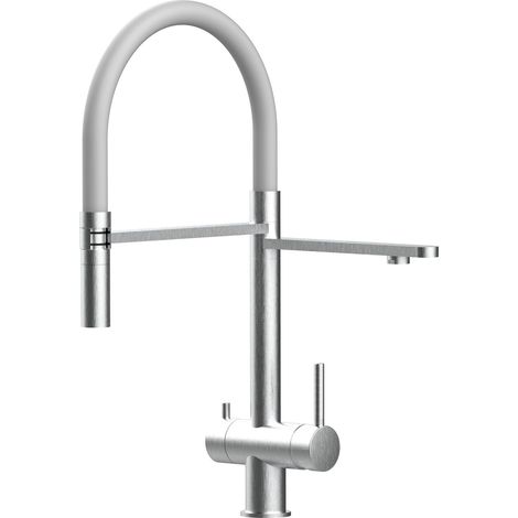 3 Wege Wasserhahn Edelstahl Massiv Kuechenarmatur mit Grau 360 schwenkbarem Auslauf und abnehmbare 2 strahl Handbrause - Edelstahl Gebuerstet