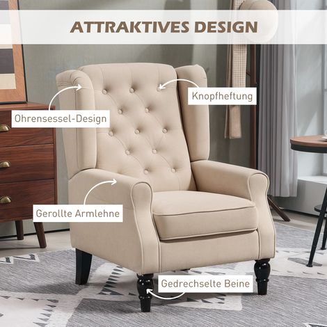 Fauteuil oreilles design, coussin moelleux, housse déhoussable, 74x87x102 cm, beige (1/4)