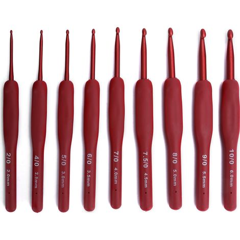 9Pcs Ergonomic Crochet Hook Sweater Sewing Thread Red Handle Craft Accessories Knitting Tools (1/5)