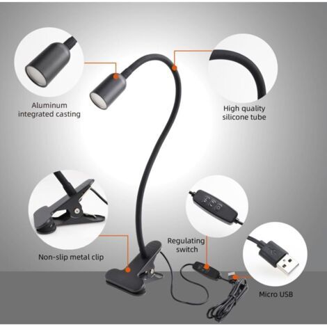 NALOOKAMIC Lampe de Lecture de Lit à Pince, Lampe de Bureau LED avec 4 Températures de Couleur, Variateur, USB avec Câble Noir pour Étudier Lire Travailler (1/3)