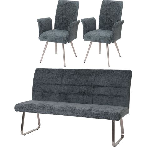 [NEUWERTIG] Esszimmer-Set HHG-221, 2er-Set Stuhl mit Armlehne+Sitzbank 180cm, Edelstahl gebürstet Stoff/Textil Chenille blau-grün
