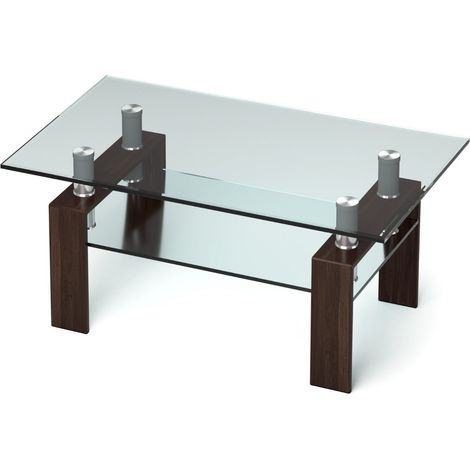 Mesa de centro rectangular 99x60x44 cm 2 niveles de almacenaje acabado moderno en cristal templado marrón 200017383