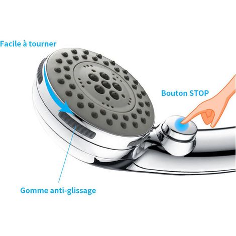 CCYKXA Pommeau de Douche Chromé avec Bouton Stop Douchette à Main 5 Jets au Choix Pomme de Douche Picots Anticalaire Type Universel (1/4)
