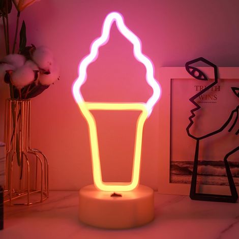 Enseigne néon en forme de crème glacée avec base de support, alimentation USB ou 3 piles AA, décoration de table LED, veilleuse pour chambre à coucher, cadeau d'anniversaire (1/5)