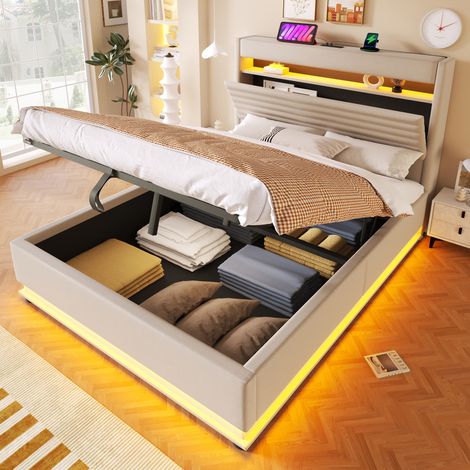 Cama dormitorio con almacenamiento LED y USB beige OKMYHOME (1/5)