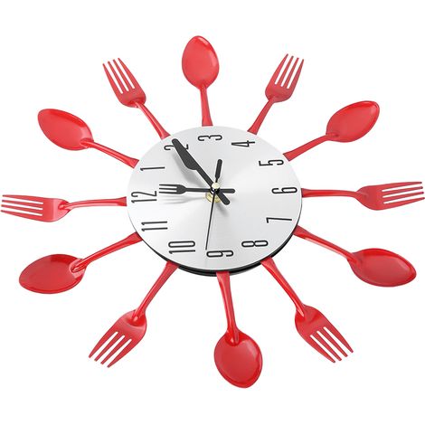 Horloge murale en acier inoxydable rouge représentant des couverts (couteau, fourchette, cuillère), pour la cuisine. Décoration de cuisine. (1/5)