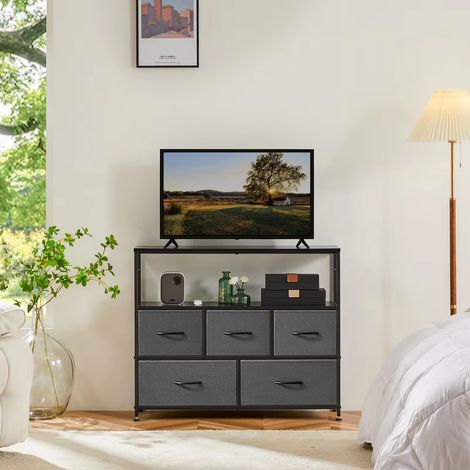 Commode cheminée meuble TV pour chambre à coucher – 5 tiroirs en tissu – Rangement pour vêtements et objets divers – Meuble vitrine – Gris (1/2)