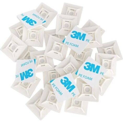 100 Pièces Embases Adhesive pour Attache de Cable, 28mm x 28 mm, Blanc, Serre-Câbles Auto Adhésif, Support de Serre Câble Plastique, Embase pour Collier de Serrage