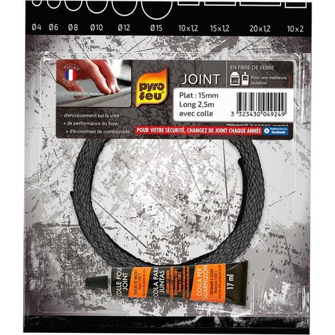 Joint plat haute température 2,5m 15x1,2mm – Résistance 500°C pour inserts et poêles – Colle réfractaire incluse – Pyrofeu