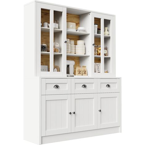 Vitrina de cocina alta con estantes ajustables y puertas de acrílico con sistema antivuelco, en MDF, Blanco, 140x38.5x175 cm