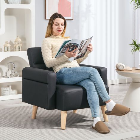 Sillón Tapizado en Cuero Sintético Respaldo con Costuras y Patas de Madera para Salón o Dormitorio 77x78x78 cm Negro (1/5)