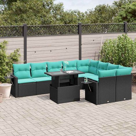 10-teiliges Gartensofa-Set mit Kissen, schwarzes Polyrattan (1/5)