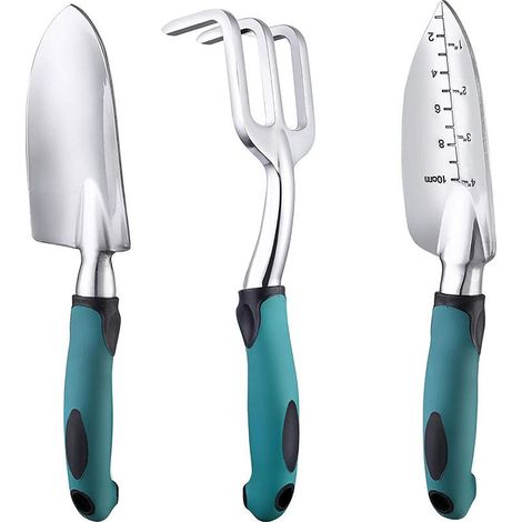 Ensemble d'Outils de Jardin, Outils de Jardinage en Aluminium 3 pièces avec Truelle, Transplantoir et Rateau à Main, Poignée Ergonomique Antidérapante Douce Confortable, vert (1/2)