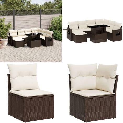 Set sofás de jardín 8 piezas y cojines ratán sintético marrón - Cojines de jardín - Muebles de exterior