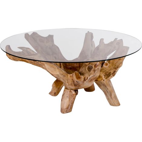 RAMA - Table Basse Ronde Ø110cm Teck Brut et Plateau Verre (1/5)