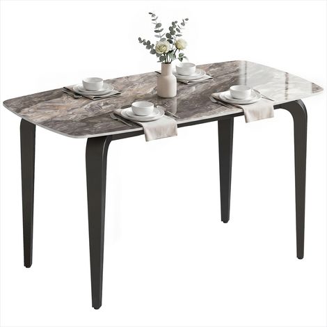 Table à manger rectangulaire 130x70 cm en pierre frittée marron et métal noir, style contemporain pour 4 personnes (1/5)