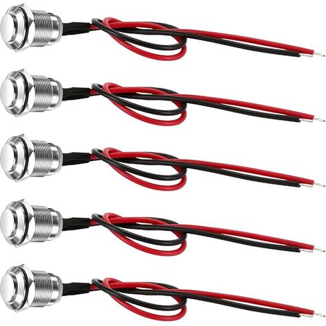 5 Pièces Bouton Poussoir 12mm Momentanés Étanches, Interrupteur à Bouton Poussoir en Acier Inoxydable, On/Off pour PC Voiture Bateau Industriel, 2A 12V/24V/125V/250V avec Fils Pré Câblés Tête Haute (1/5)