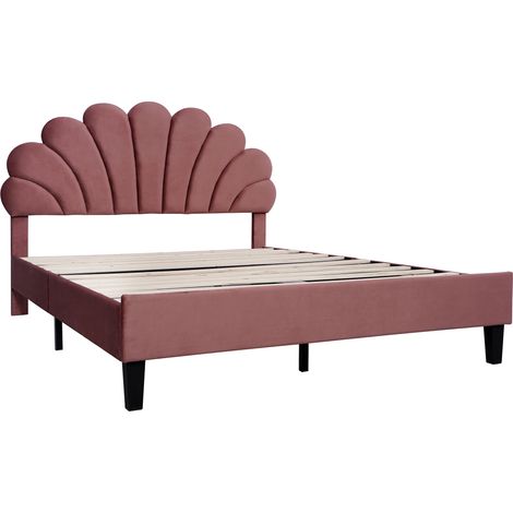 Lit double rembourré 140 x 200 cm en velours rouge bordeaux avec tête de lit fleur MODENUIT (1/5)