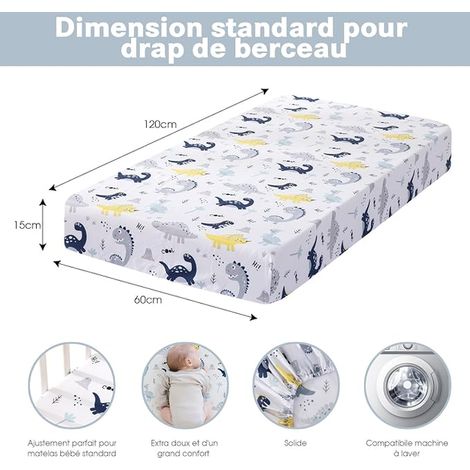 Draps Housse Bébé 60x120 cm, Draps Housse Lit Bébé Doux et Respirants en Microfibre Polyester, Draps Universels pour Lit et Berceau, Dinosaure (1/3)