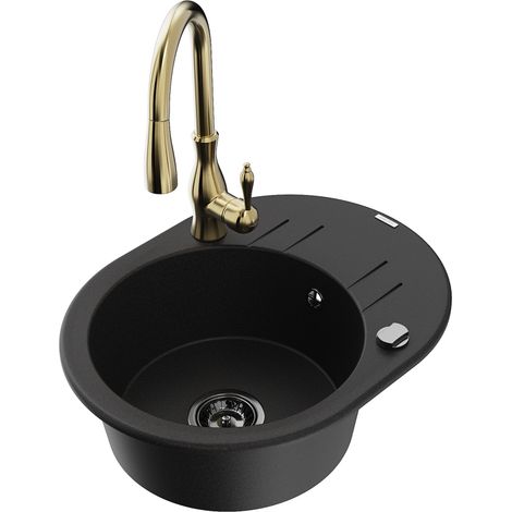 Mexen Kevin fregadero de granito de 1 seno con escurridor y grifo de cocina Savita, negro - 6517-77-672601-50-B (1/5)