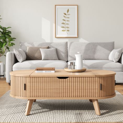 Table basse ovale relevable, plateau réglable en hauteur, grand rangement caché, 2 portes coulissantes, effet bois rainuré