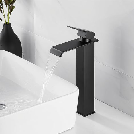Robinet cascade pour salle de bain, robinet d'évier à une poignée, économie d'eau, bec chaude et froide, en acier inoxydable et laiton (noir-h) (1/5)