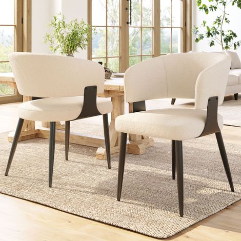 Juego de 2 sillas de comedor, sillón con respaldo curvo, acolchado, apto para cocina/sala de estar/dormitorio, franela, beige (1/5)