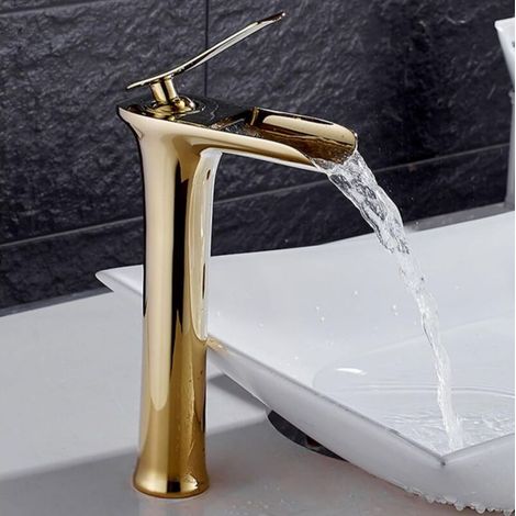 Goldene Wasserfall-Waschtischarmaturen, Wasserfall-Mischbatterien, Waschtischarmaturen, Einhebel-Waschtischarmaturen, Warm-/Kaltwasseranschluss, hoch (1/5)
