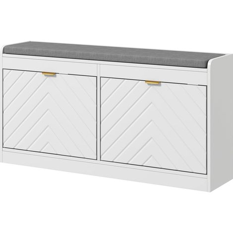 Banc à chaussures, banc de rangement, assise rembourrée, tiroir rabattable, porte avec motif 106 x 24 x 52,5 cm, blanc (1/5)