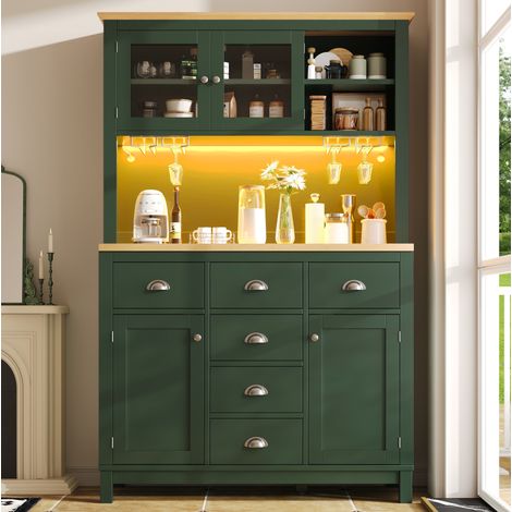 Buffet de cuisine en MDF vert 104x40x180 cm, grand rangement, bande LED réglable par application, anti-basculement (1/5)