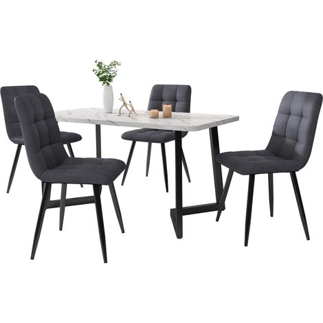 Chaise de salle à manger (lot de 4), gris foncé, ensemble de 4 fauteuils rembourrés avec dossier, assise en lin, piètement en métal (1/5)