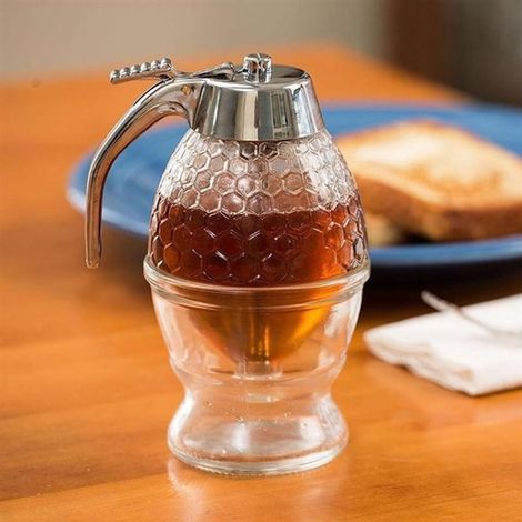 Dispenser di miele in ABS con asta in acciaio inossidabile, coperchio in ABS argentato, sistema antigoccia con supporto, barattolo da 227 g (8 oz), design a nido d'ape, per miele e sciroppo d'acero. (1/5)