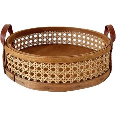 Woven Rattan Storage Basket, Round Tray for Bread and Fruit, Breathable Office Organizer - Brown (1/4)